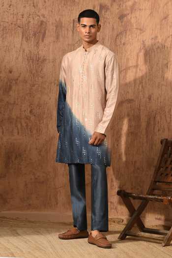 Shop_Sulakshna Jasra_Grey Silk, Cotton, Viscose Patra Work Kurta And Pyjama Set _Online_at_Aza_Fashions