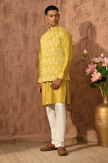 Shop_Sulakshna Jasra_Yellow Satin, Linen Embroudered Bundi Kurta Set 