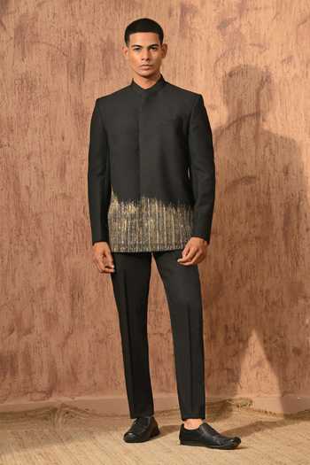 Sulakshna Jasra_Black Viscose Zardozi Work Bandhgala And Pant Set _Online_at_Aza_Fashions