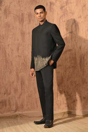 Buy_Sulakshna Jasra_Black Viscose Zardozi Work Bandhgala And Pant Set _Online_at_Aza_Fashions