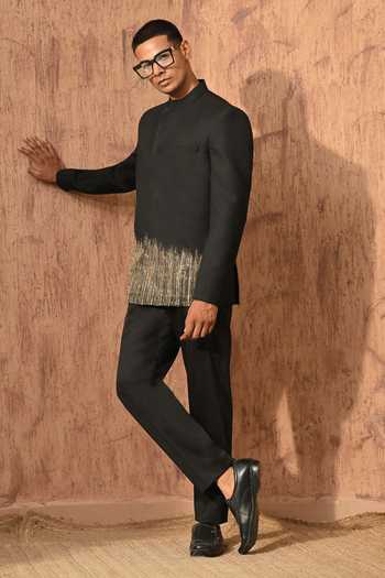 Shop_Sulakshna Jasra_Black Viscose Zardozi Work Bandhgala And Pant Set _Online_at_Aza_Fashions