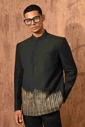Sulakshna Jasra_Black Viscose Zardozi Work Bandhgala And Pant Set _at_Aza_Fashions