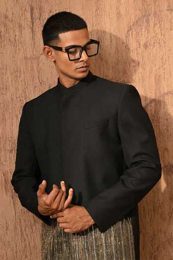Shop_Sulakshna Jasra_Black Viscose Zardozi Work Bandhgala And Pant Set 