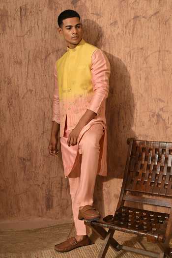 Shop_Sulakshna Jasra_Peach Silk Ombre Nehru Jacket Set 