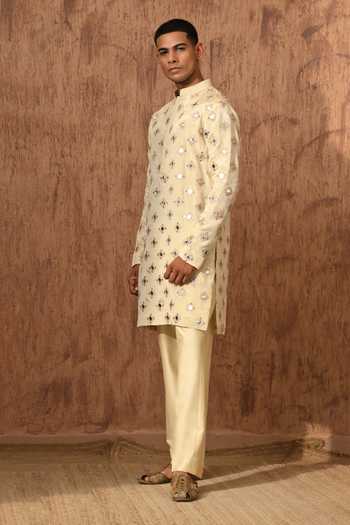 Sulakshna Jasra_Beige Tissue Mirrorwork Kurta And Pyjama Set _at_Aza_Fashions
