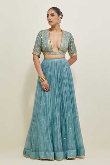 Ikshita Choudhary Blue Organza V-, Plunge Hand Embroidered Lehenga Set Online at Aza Fashions Ikshita Choudhary_Blue Organza V-, Plunge Hand Embroidered Lehenga Set _Online_at_Aza_Fashions