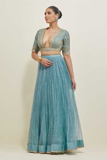 Buy Ikshita Choudhary Blue Organza V-, Plunge Hand Embroidered Lehenga Set Online at Aza Fashions Buy_Ikshita Choudhary_Blue Organza V-, Plunge Hand Embroidered Lehenga Set _Online_at_Aza_Fashions