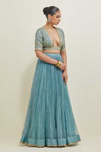 Shop Ikshita Choudhary Blue Organza V-, Plunge Hand Embroidered Lehenga Set Online at Aza Fashions Shop_Ikshita Choudhary_Blue Organza V-, Plunge Hand Embroidered Lehenga Set _Online_at_Aza_Fashions