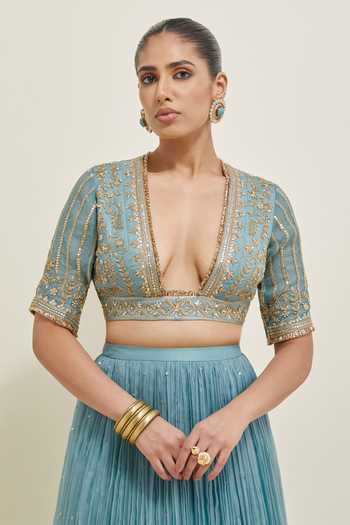 Ikshita Choudhary Blue Organza V-, Plunge Hand Embroidered Lehenga Set at Aza Fashions Ikshita Choudhary_Blue Organza V-, Plunge Hand Embroidered Lehenga Set _at_Aza_Fashions