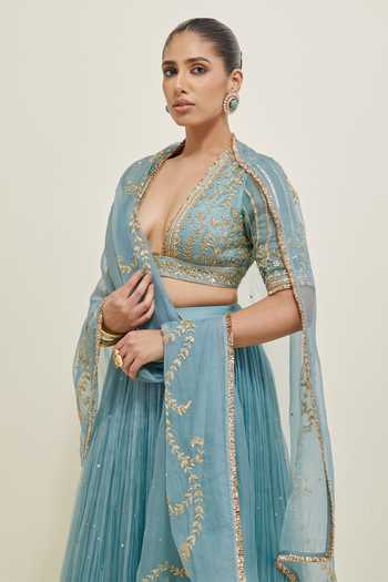 Buy Ikshita Choudhary Blue Organza V-, Plunge Hand Embroidered Lehenga Set Buy_Ikshita Choudhary_Blue Organza V-, Plunge Hand Embroidered Lehenga Set