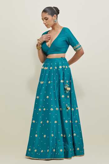 Ikshita Choudhary Blue Chanderi, Organza V-neck Hand Embroidered Lehenga Set Online at Aza Fashions Ikshita Choudhary_Blue Chanderi, Organza V-neck Hand Embroidered Lehenga Set _Online_at_Aza_Fashions