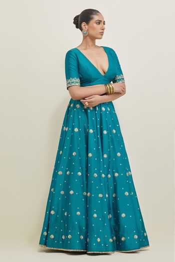 Buy Ikshita Choudhary Blue Chanderi, Organza V-neck Hand Embroidered Lehenga Set Online at Aza Fashions Buy_Ikshita Choudhary_Blue Chanderi, Organza V-neck Hand Embroidered Lehenga Set _Online_at_Aza_Fashions