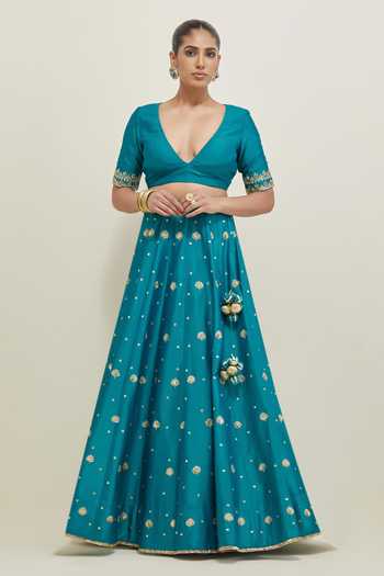 Shop Ikshita Choudhary Blue Chanderi, Organza V-neck Hand Embroidered Lehenga Set Online at Aza Fashions Shop_Ikshita Choudhary_Blue Chanderi, Organza V-neck Hand Embroidered Lehenga Set _Online_at_Aza_Fashions