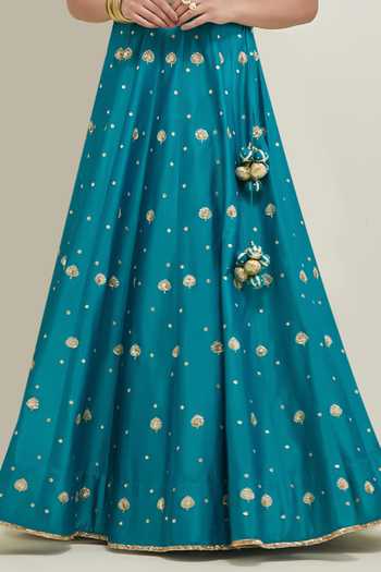 Shop Ikshita Choudhary Blue Chanderi, Organza V-neck Hand Embroidered Lehenga Set Shop_Ikshita Choudhary_Blue Chanderi, Organza V-neck Hand Embroidered Lehenga Set