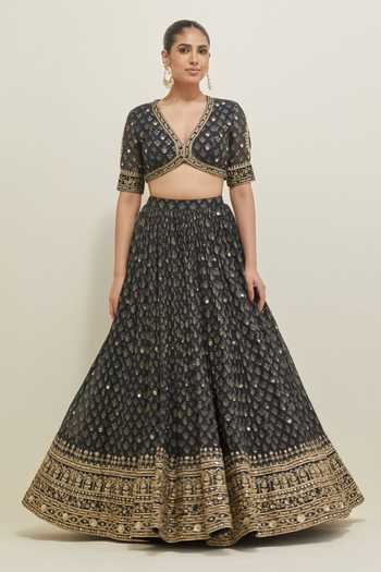 Shop Ikshita Choudhary Black Chanderi, Organza V-neck Hand Embroidered Lehenga Set Online at Aza Fashions Shop_Ikshita Choudhary_Black Chanderi, Organza V-neck Hand Embroidered Lehenga Set _Online_at_Aza_Fashions