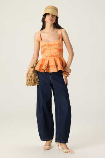 Buy Saaksha & Kinni Orange Cotton Square Neck Peni Leheriya Print Peplum Blouse Buy_Saaksha & Kinni_Orange Cotton Square Neck Peni Leheriya Print Peplum Blouse