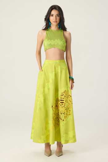 Saaksha & Kinni Green Cotton Lainey Applique Cutout Skirt Online at Aza Fashions Saaksha & Kinni_Green Cotton Lainey Applique Cutout Skirt _Online_at_Aza_Fashions