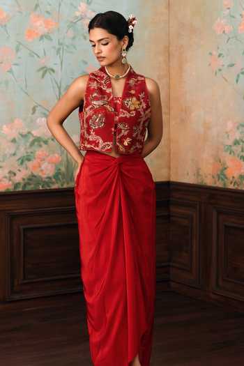 Paulmi And Harsh Rowena Printed Jacket Skirt Set 