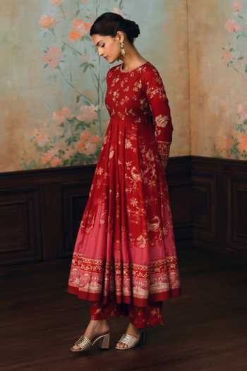 Paulmi And Harsh_Red Silk, Cotton, Satin Round Neck Anika Printed Anarkali Set _Online_at_Aza_Fashions