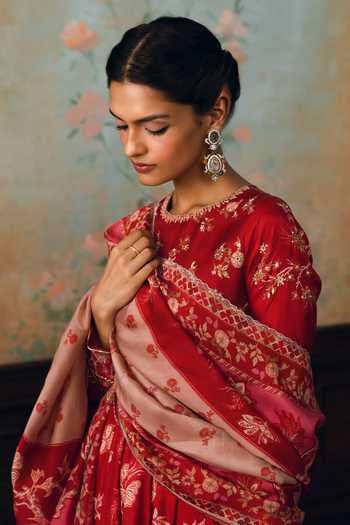 Buy_Paulmi And Harsh_Red Silk, Cotton, Satin Round Neck Anika Printed Anarkali Set _Online_at_Aza_Fashions