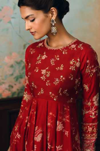Shop_Paulmi And Harsh_Red Silk, Cotton, Satin Round Neck Anika Printed Anarkali Set _Online_at_Aza_Fashions