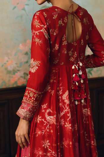 Paulmi And Harsh_Red Silk, Cotton, Satin Round Neck Anika Printed Anarkali Set _at_Aza_Fashions
