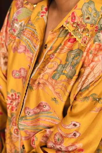 Paulmi And Harsh Yellow Lace Collared Neck Midge Floral Print Shirt Online at Aza Fashions Paulmi And Harsh_Yellow Lace Collared Neck Midge Floral Print Shirt _Online_at_Aza_Fashions