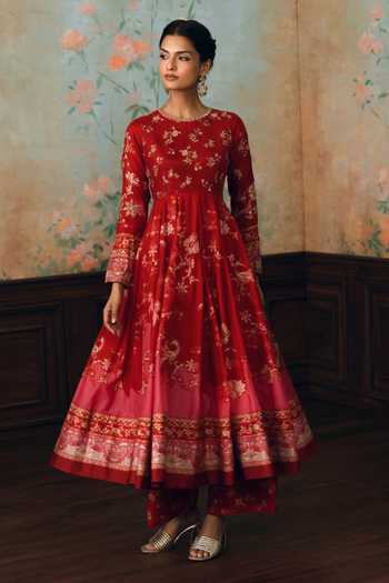 Buy_Paulmi And Harsh_Red Silk, Cotton, Satin Round Neck Anika Printed Anarkali Set 