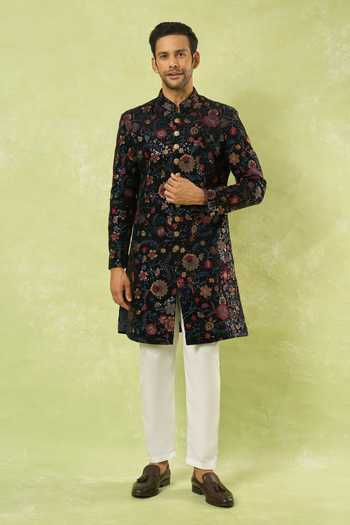 Arihant Rai Sinha Blue Velvet, Polyester Embroidery, Sequins Sherwani And Polo Pant at Aza Fashions Arihant Rai Sinha_Blue Velvet, Polyester Embroidery, Sequins Sherwani And Polo Pant _at_Aza_Fashions