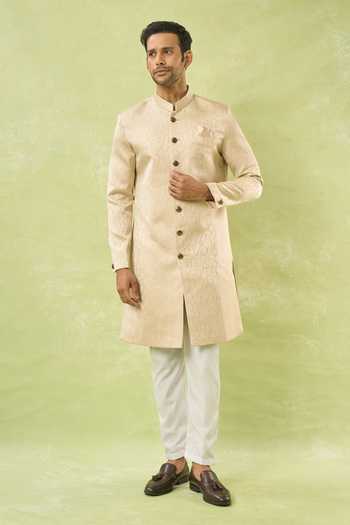 Arihant Rai Sinha Gold Jacquard, Polyester, Viscose Embroidery Woven Sherwani And Polo Pant at Aza Fashions Arihant Rai Sinha_Gold Jacquard, Polyester, Viscose Embroidery Woven Sherwani And Polo Pant _at_Aza_Fashions