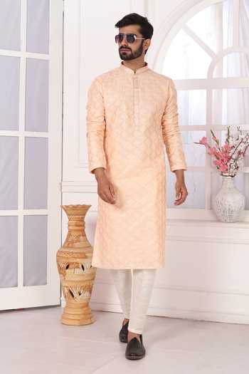 Buy_Arihant Rai Sinha_Peach Silk Embroidery Art Straight Kurta 