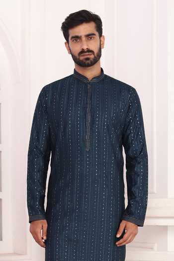 Buy Arihant Rai Sinha Blue Silk, Polyester Embroidery Art Straight Kurta at Aza Fashions Buy_Arihant Rai Sinha_Blue Silk, Polyester Embroidery Art Straight Kurta _at_Aza_Fashions