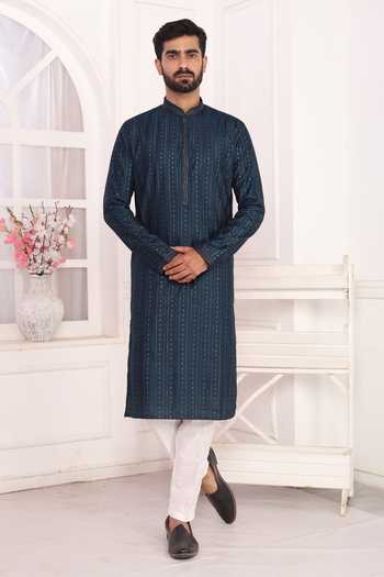 Arihant Rai Sinha_Blue Silk, Polyester Embroidery Art Straight Kurta _at_Aza_Fashions