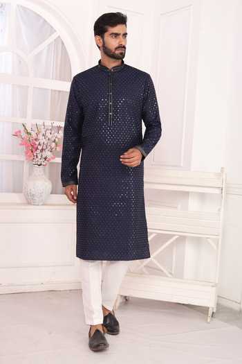 Arihant Rai Sinha_Blue Silk Embroidery Art Straight Kurta _at_Aza_Fashions