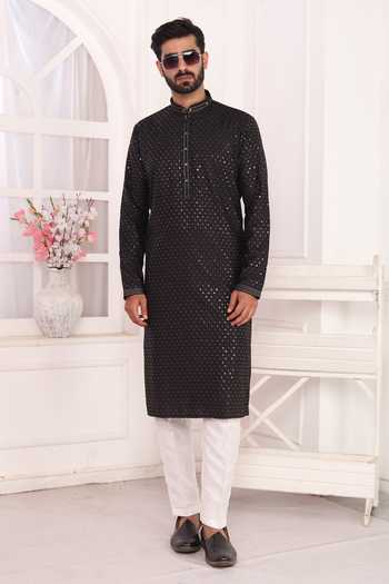 Arihant Rai Sinha_Black Silk Embroidery Art Straight Kurta _at_Aza_Fashions