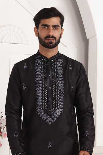 Buy Arihant Rai Sinha Black Silk Embroidery, Mirrors Straight Kurta With Work at Aza Fashions Buy_Arihant Rai Sinha_Black Silk Embroidery, Mirrors Straight Kurta With Work _at_Aza_Fashions