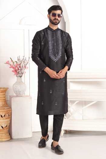 Arihant Rai Sinha_Black Silk Embroidery, Mirrors Straight Kurta With Work _at_Aza_Fashions