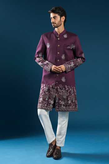 Buy_Arihant Rai Sinha_Wine Silk Embroidery Sherwani Set 