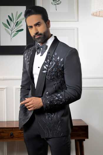 Courtyard By Abhi Grey Lycra Embroidery, Stones, Cut Work Signature Tuxedo Set Online at Aza Fashions Courtyard By Abhi_Grey Lycra Embroidery, Stones, Cut Work Signature Tuxedo Set _Online_at_Aza_Fashions