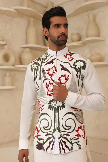 Buy Courtyard By Abhi White Lycra Ethnic Digital Print Bundi Set Online at Aza Fashions Buy_Courtyard By Abhi_White Lycra Ethnic Digital Print Bundi Set _Online_at_Aza_Fashions