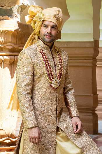 Courtyard By Abhi Gold Silk Imperial Metallic Sherwani Set Online at Aza Fashions Courtyard By Abhi_Gold Silk Imperial Metallic Sherwani Set _Online_at_Aza_Fashions