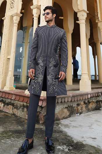 Courtyard By Abhi Grey Silver Embellished Sherwani Set 