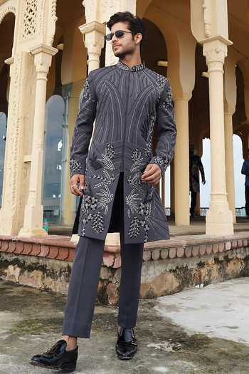 Courtyard By Abhi Grey Silver Embellished Sherwani Set 