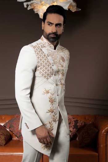 Courtyard By Abhi_White Lycra Sequins, Beads, Crystals Regal Jodhpuri Set _Online_at_Aza_Fashions