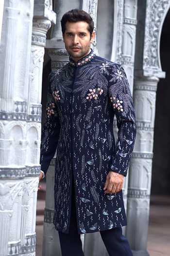 Courtyard By Abhi Midnight Blue Sequin Sherwani Set 