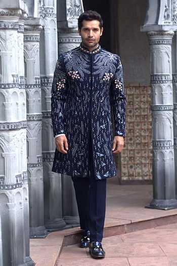 Courtyard By Abhi Midnight Blue Sequin Sherwani Set 