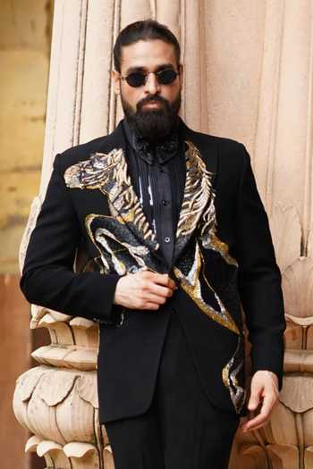 Courtyard By Abhi Black Lycra Beads, Stones Striking Horse Tuxedo Pant Set Online at Aza Fashions Courtyard By Abhi_Black Lycra Beads, Stones Striking Horse Tuxedo Pant Set _Online_at_Aza_Fashions