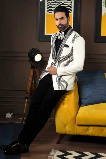Courtyard By Abhi Cream Royale Embroidered Tuxedo Set 