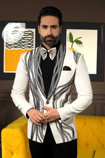 Courtyard By Abhi Cream Royale Embroidered Tuxedo Set 