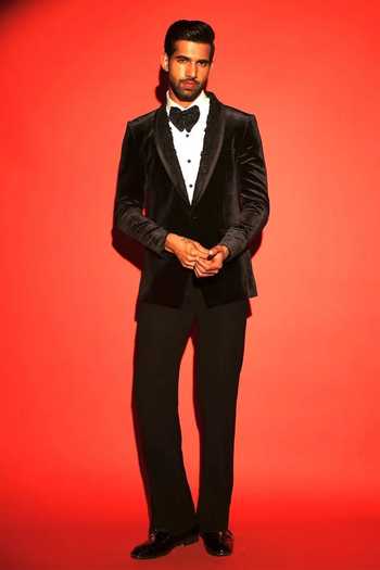 Courtyard By Abhi Royal Noir Velvet Embellished Tuxedo Set 